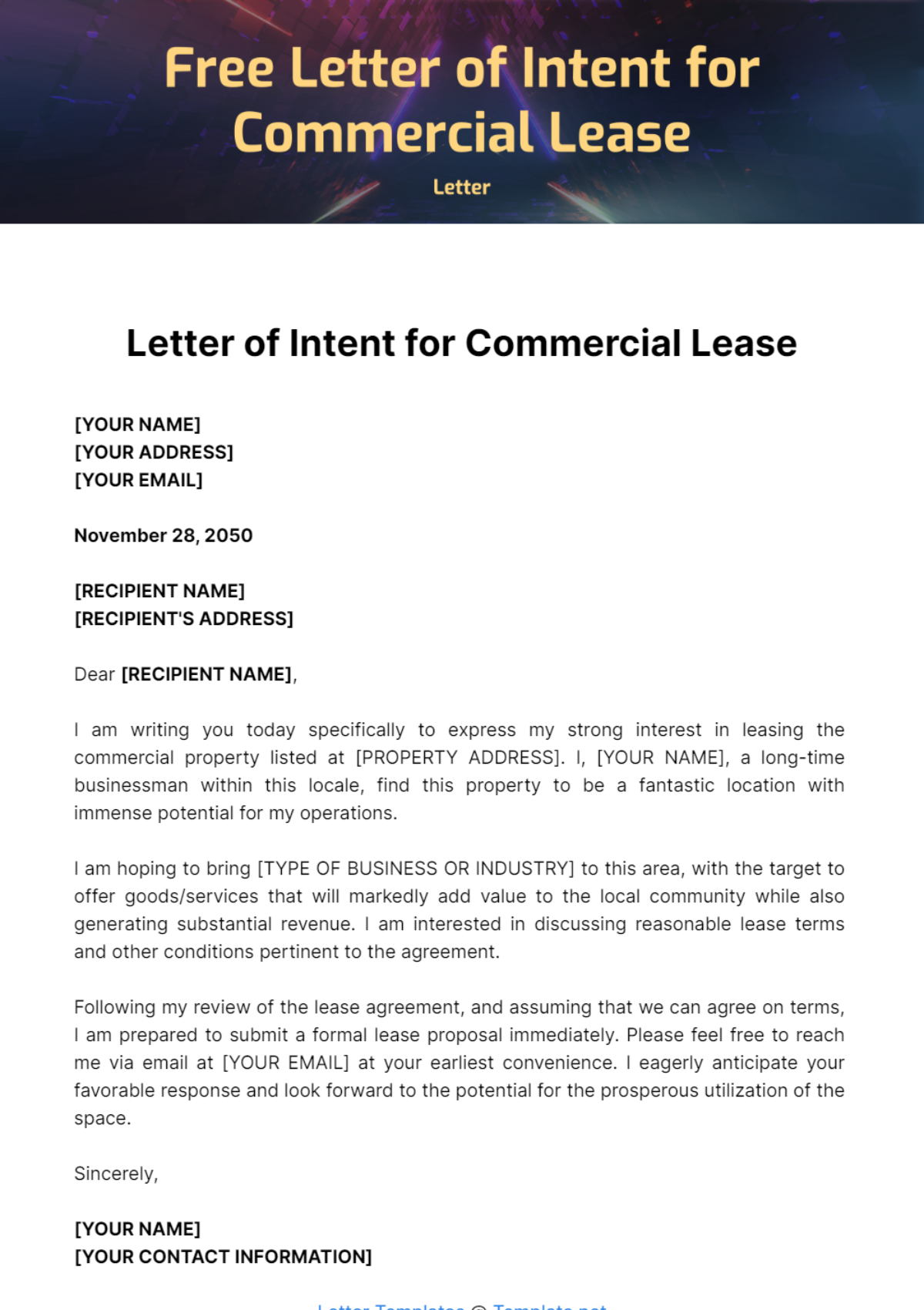 Free Letter of Intent for Commercial Lease Template