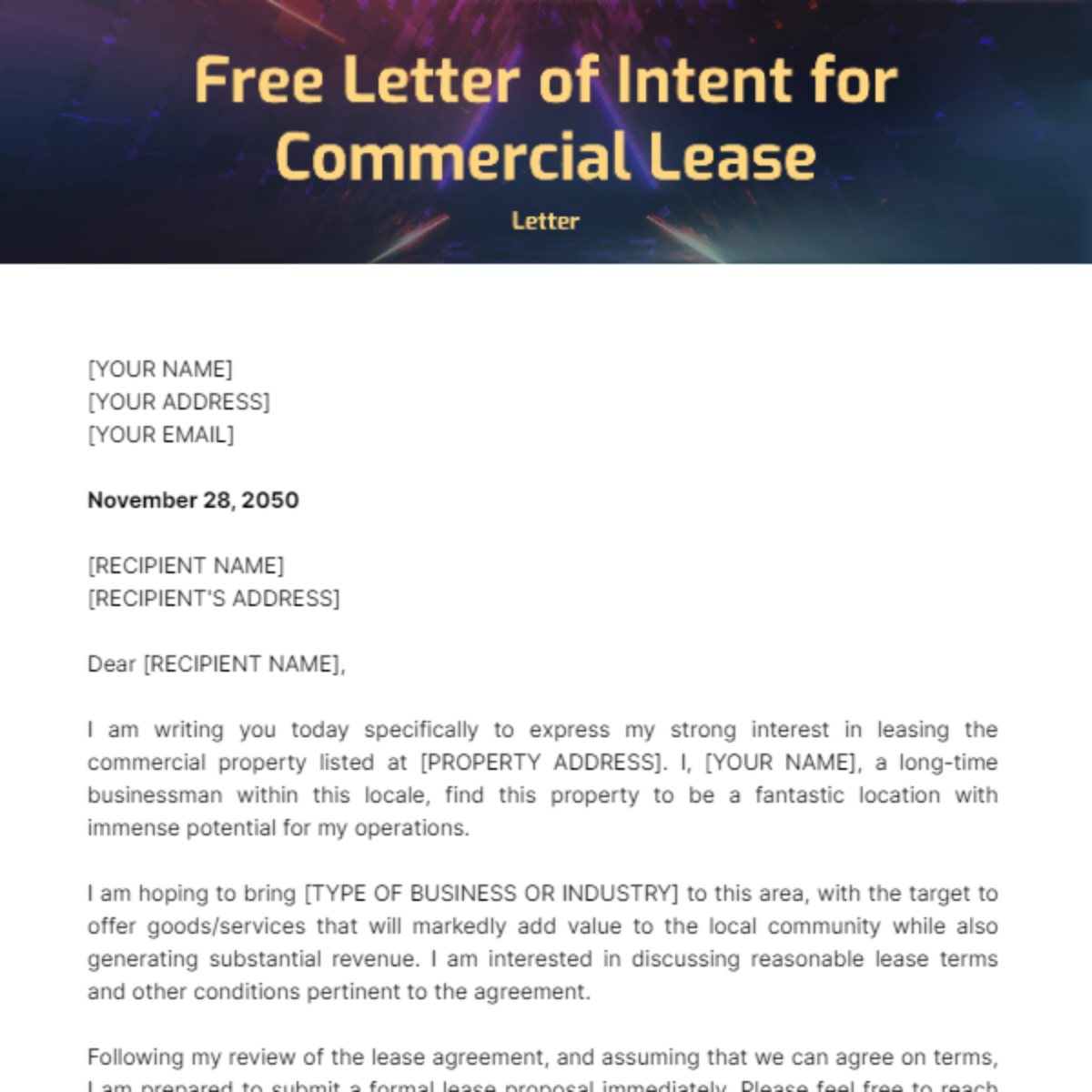 Letter of Intent for Commercial Lease Template