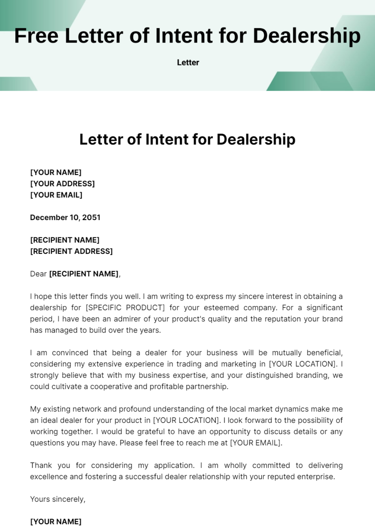 Free Letter of Intent for Dealership Template
