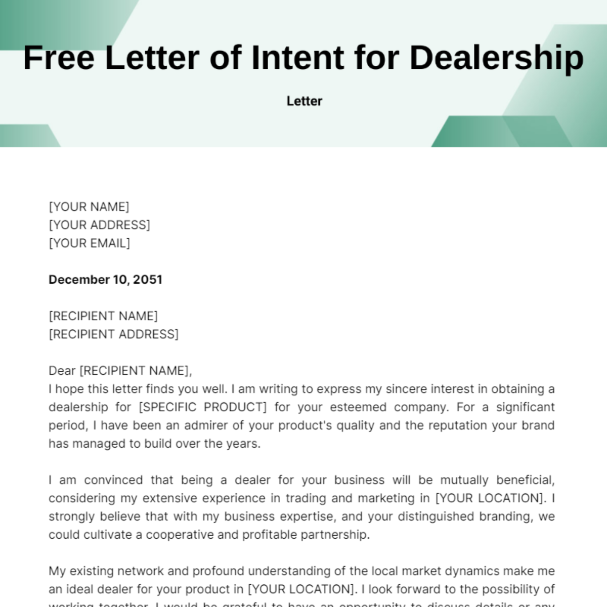 Letter of Intent for Dealership Template