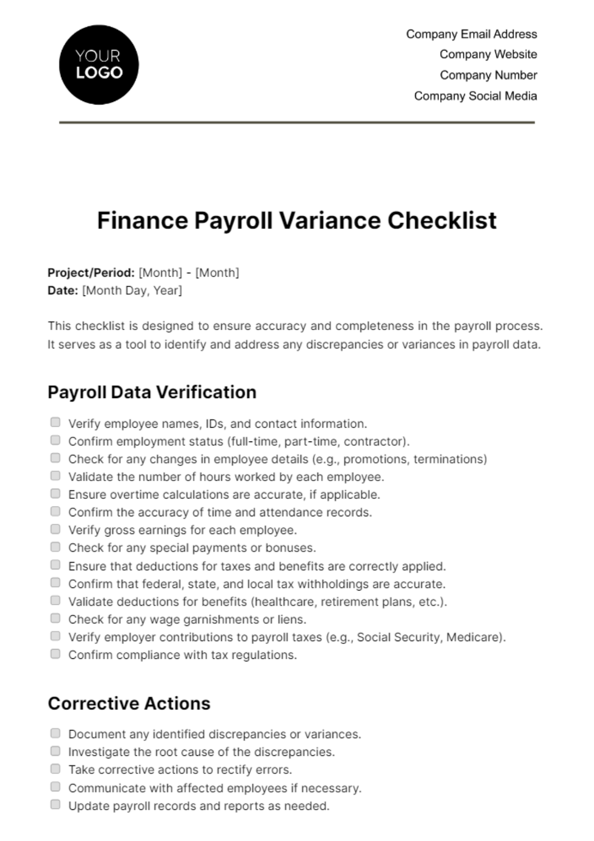 Finance Payroll Variance Checklist Template - Edit Online & Download