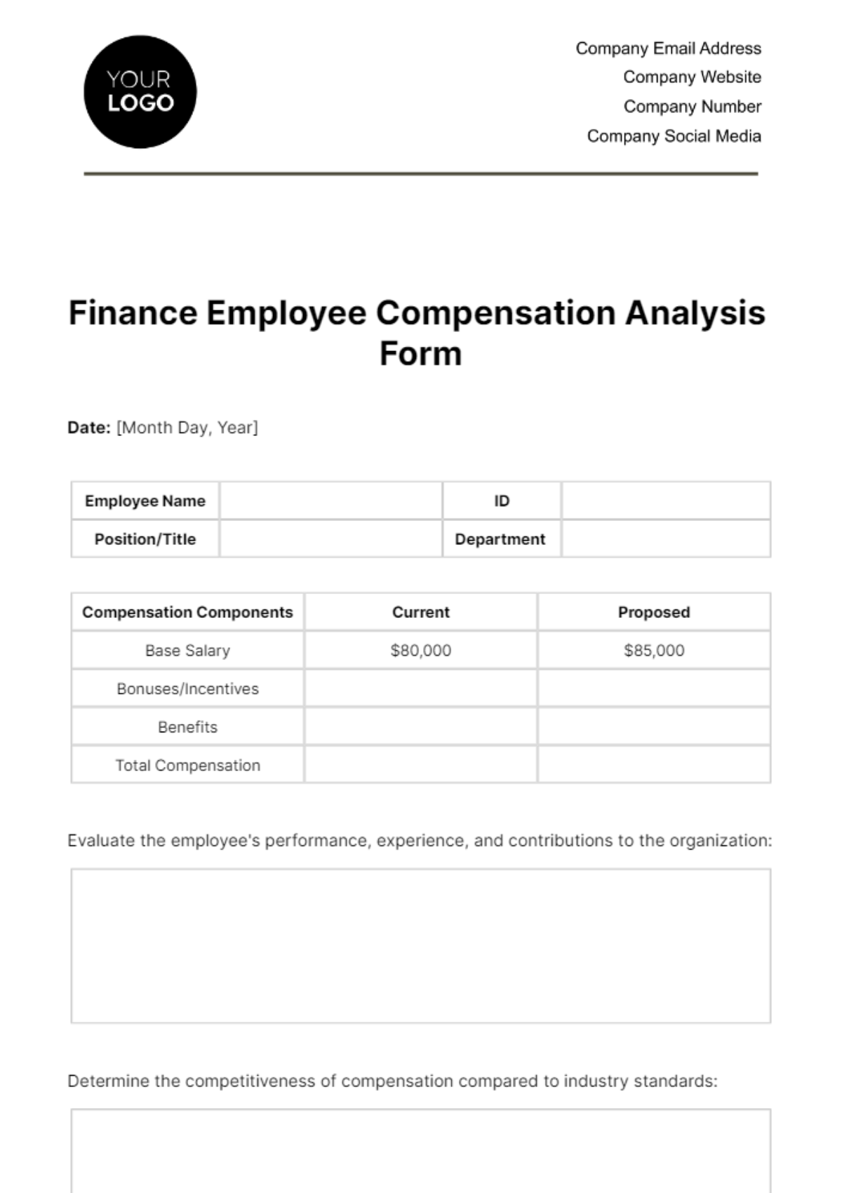 Finance Employee Compensation Analysis Form Template