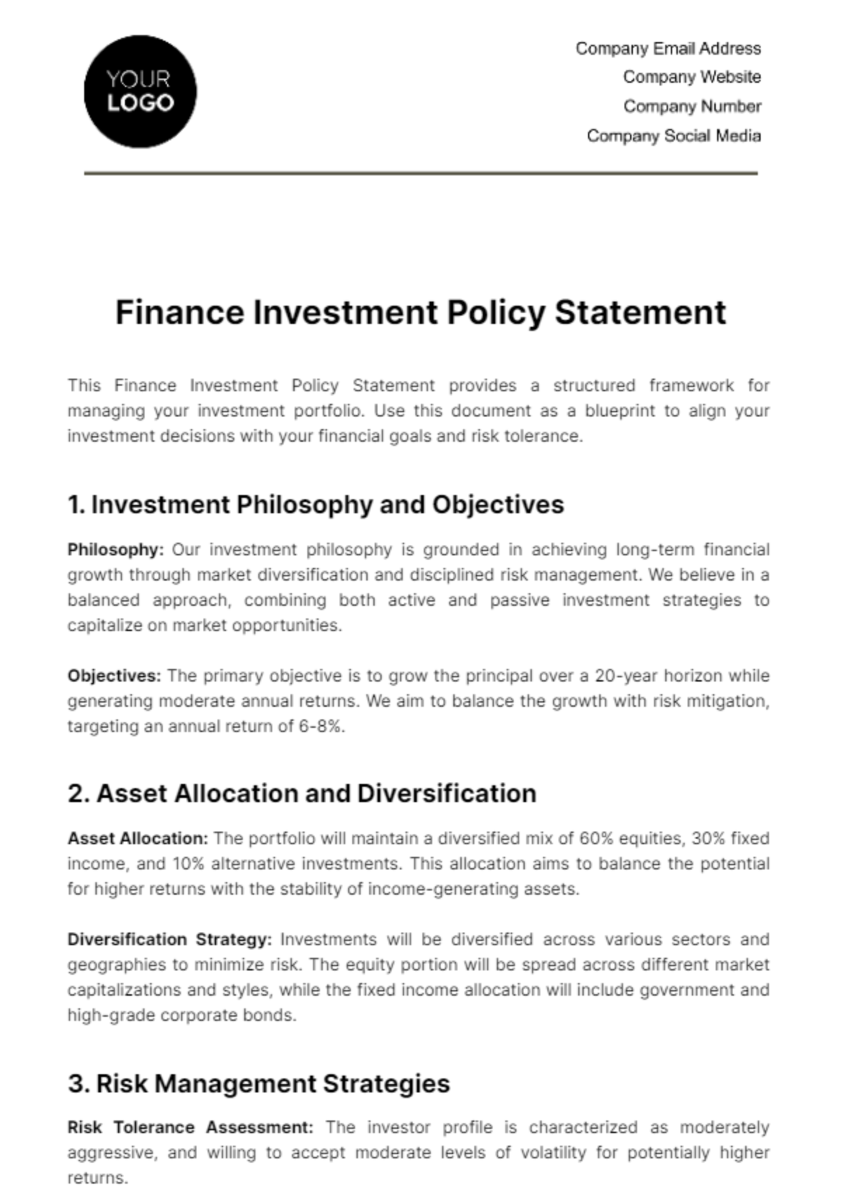 Finance Investment Policy Statement Template