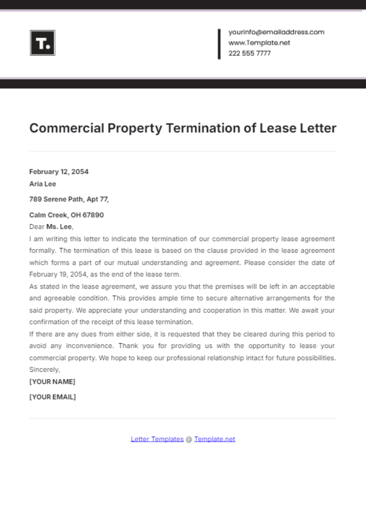 Commercial Property Termination of Lease Letter Template