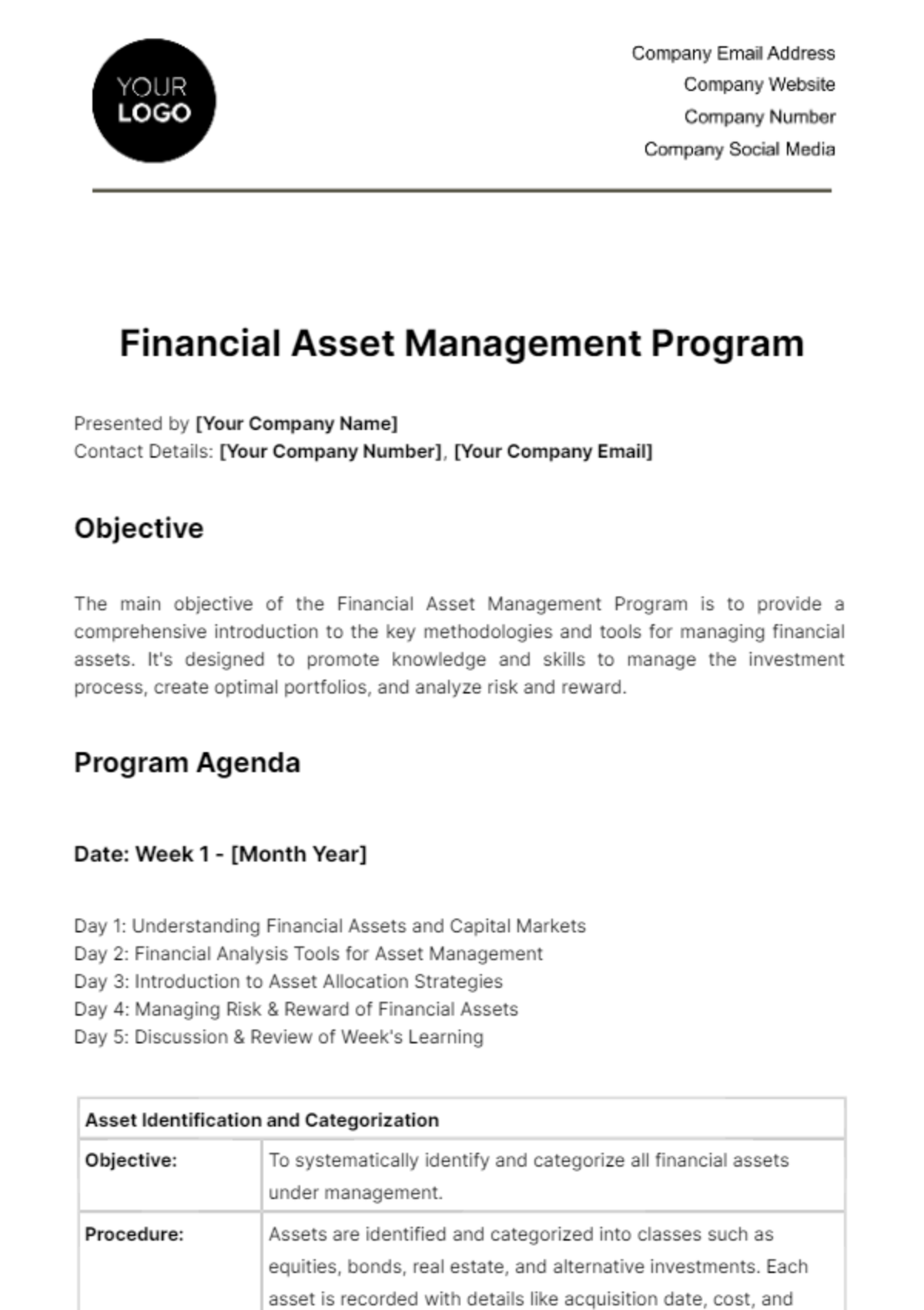 Financial Asset Management Program Template