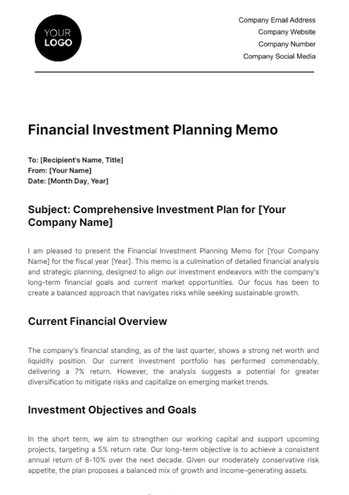 Financial Investment Planning Memo Template