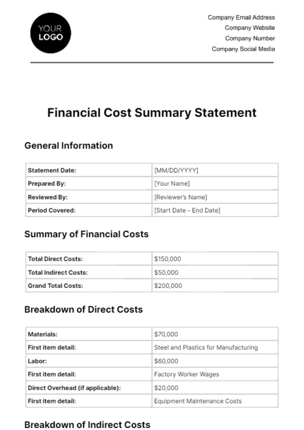 Financial Cost Summary Statement Template