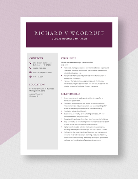 Global Business Manager Resume Template
