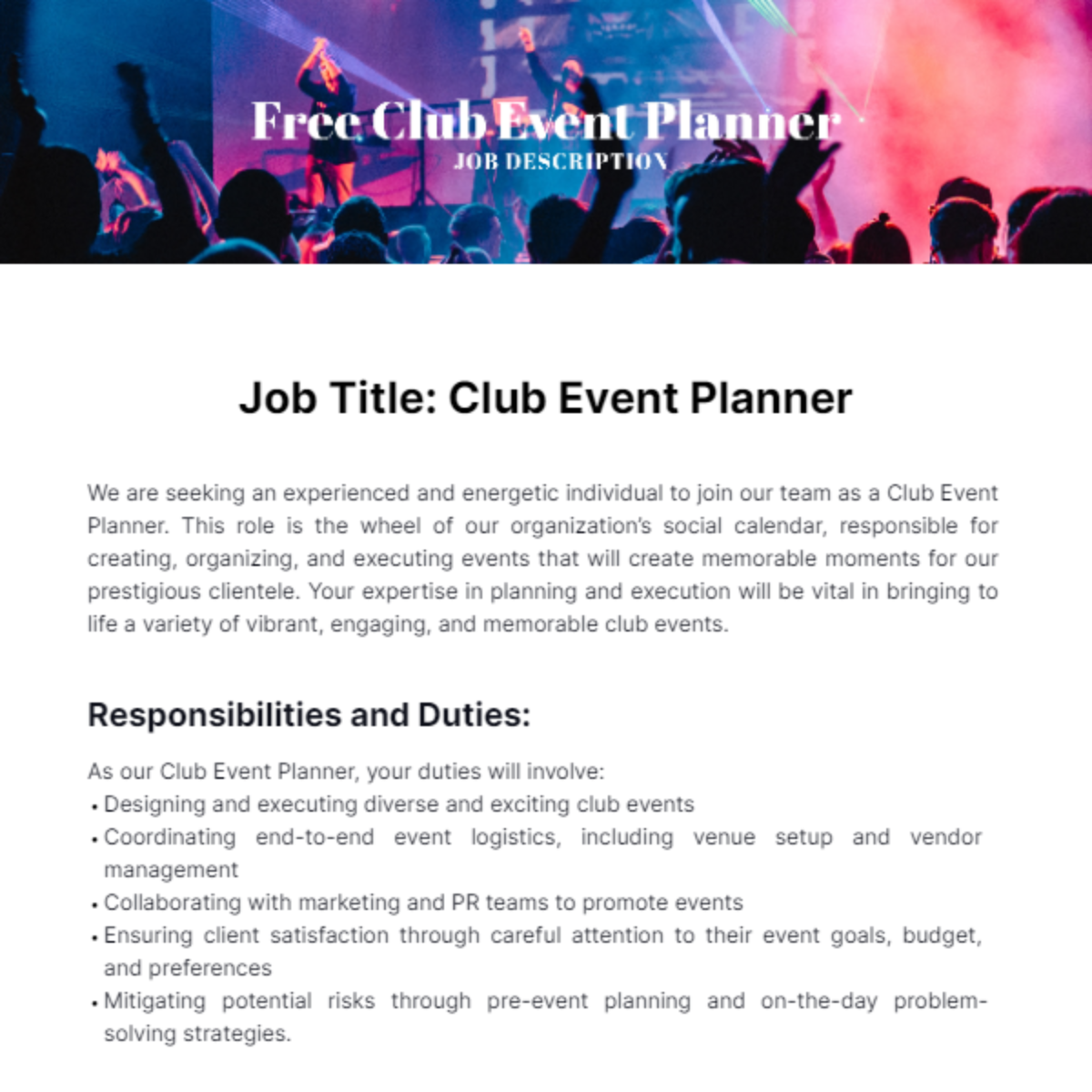 Club Event Planner Job Description Template