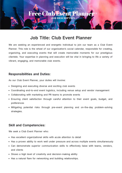 Free Club Event Planner Job Description Template to Edit Online