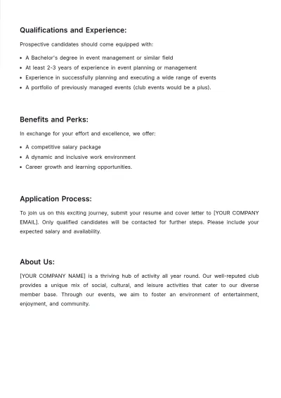 Free Club Event Planner Job Description Template to Edit Online