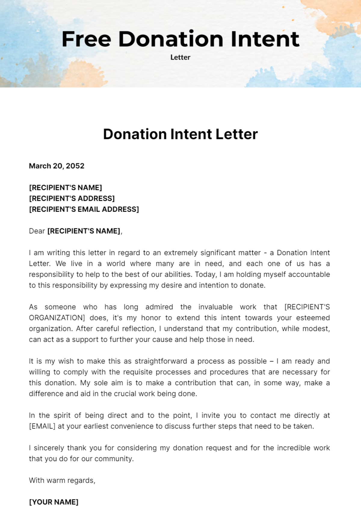 Free Donation Intent Letter Template