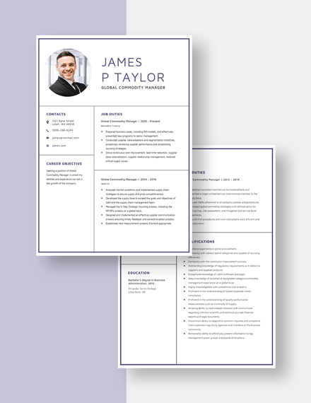 Global Commodity Manager Resume Download