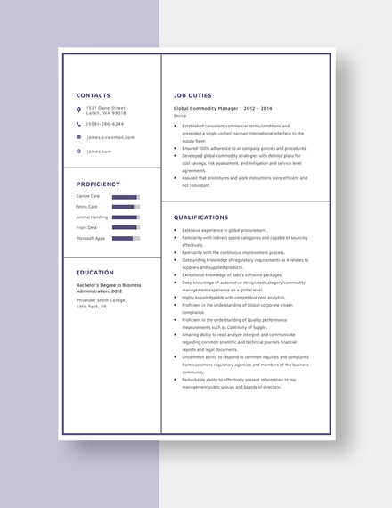 Global Commodity Manager Resume Template