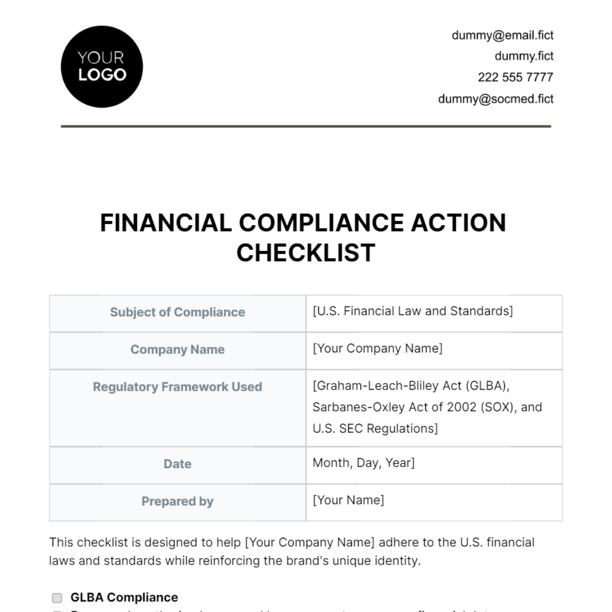 Financial Compliance Action Checklist Template