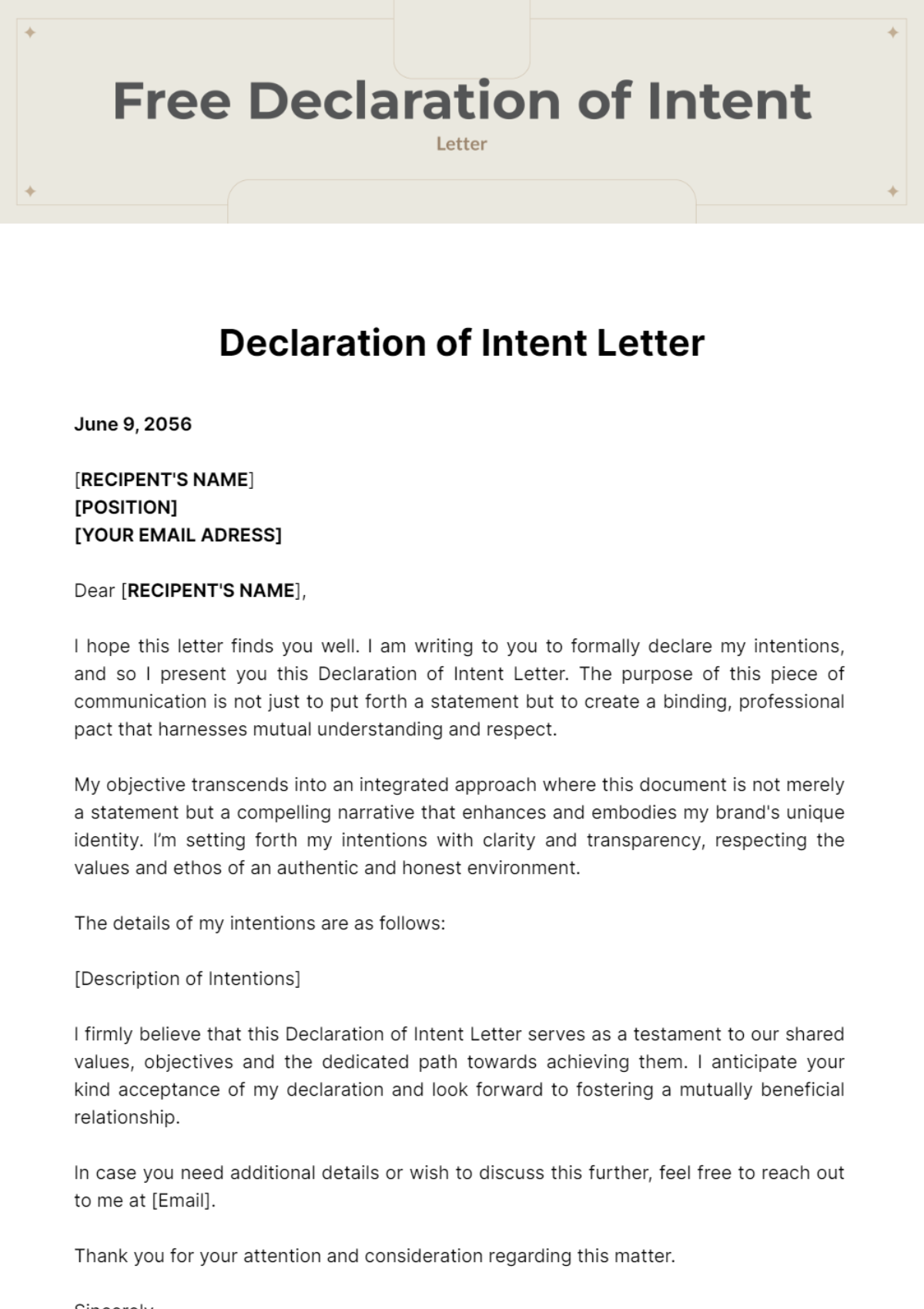 Free Declaration of Intent Letter Template