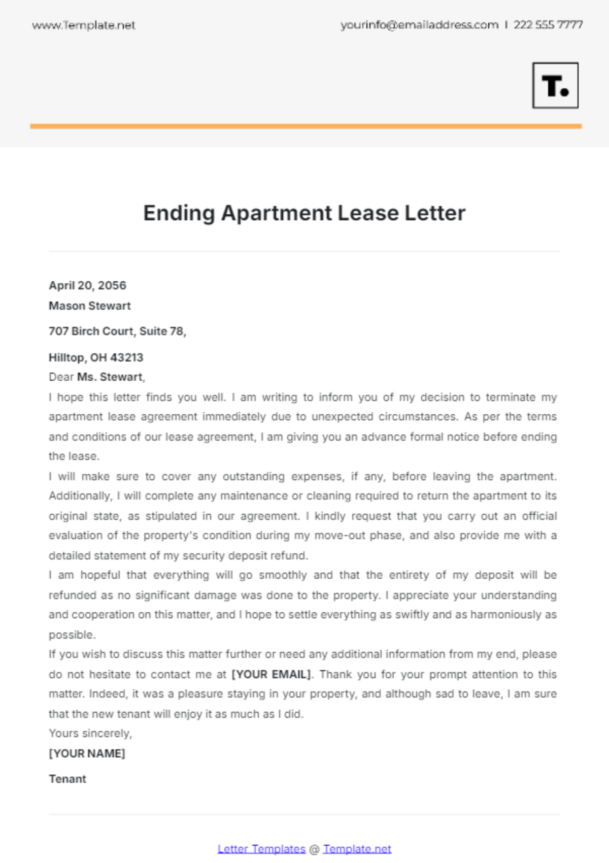 Ending Apartment Lease Letter Template