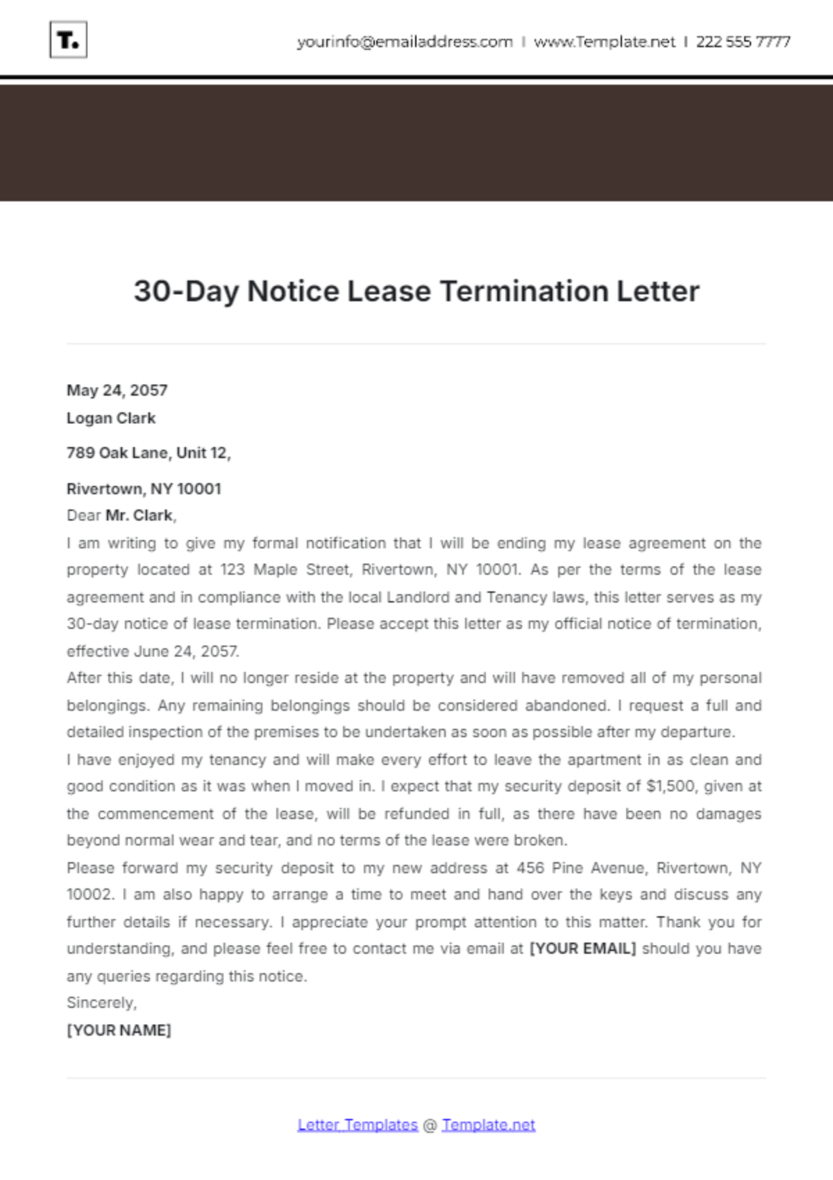 30 Day Notice Lease Termination Letter Template