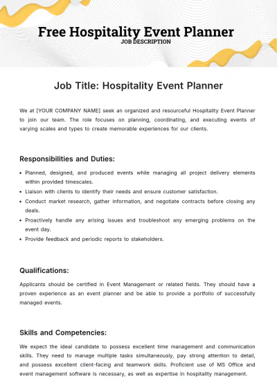 Free Hospitality Event Planner Job Description Template to Edit Online