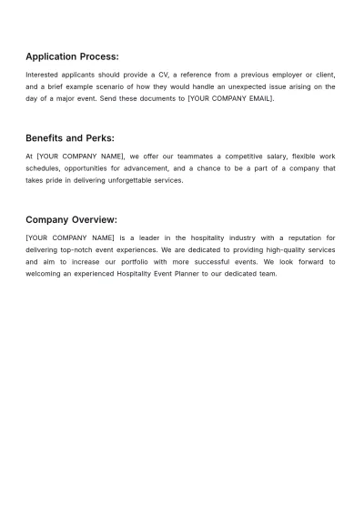 Free Hospitality Event Planner Job Description Template to Edit Online