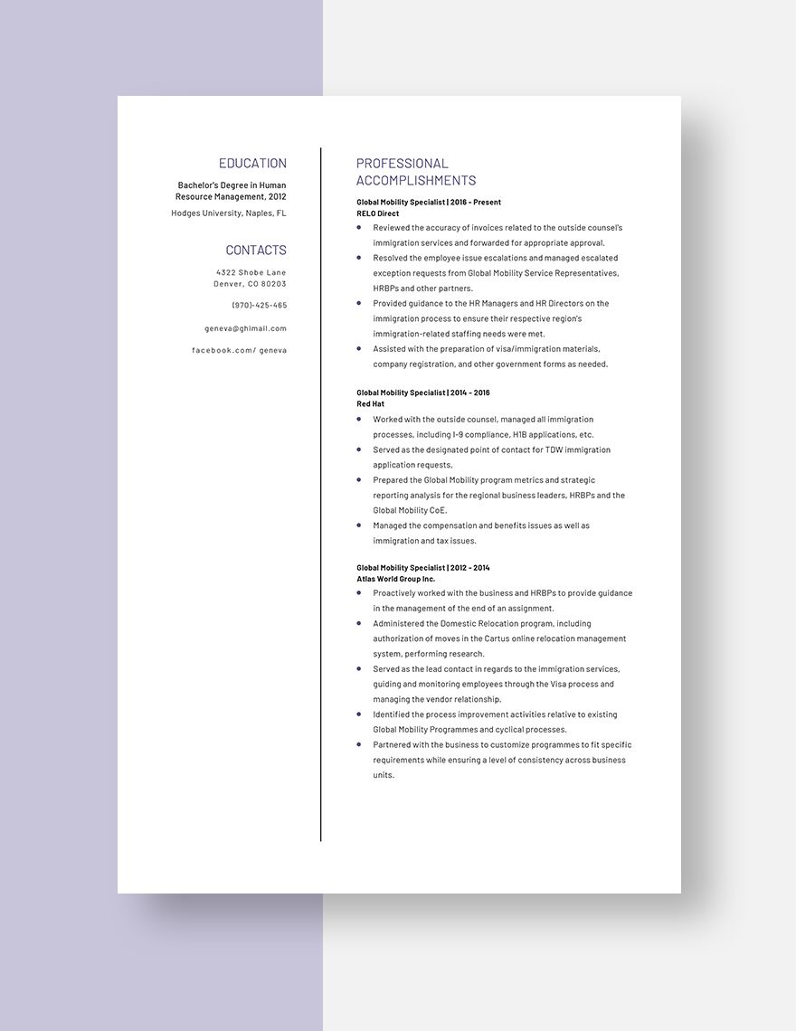 Global Mobility Specialist Resume in Pages Word Download Template net