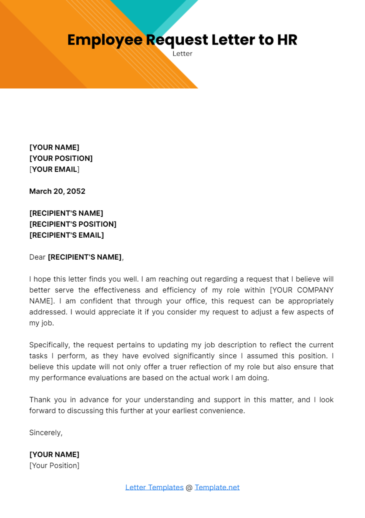 Free Employee Request Letter to HR Template