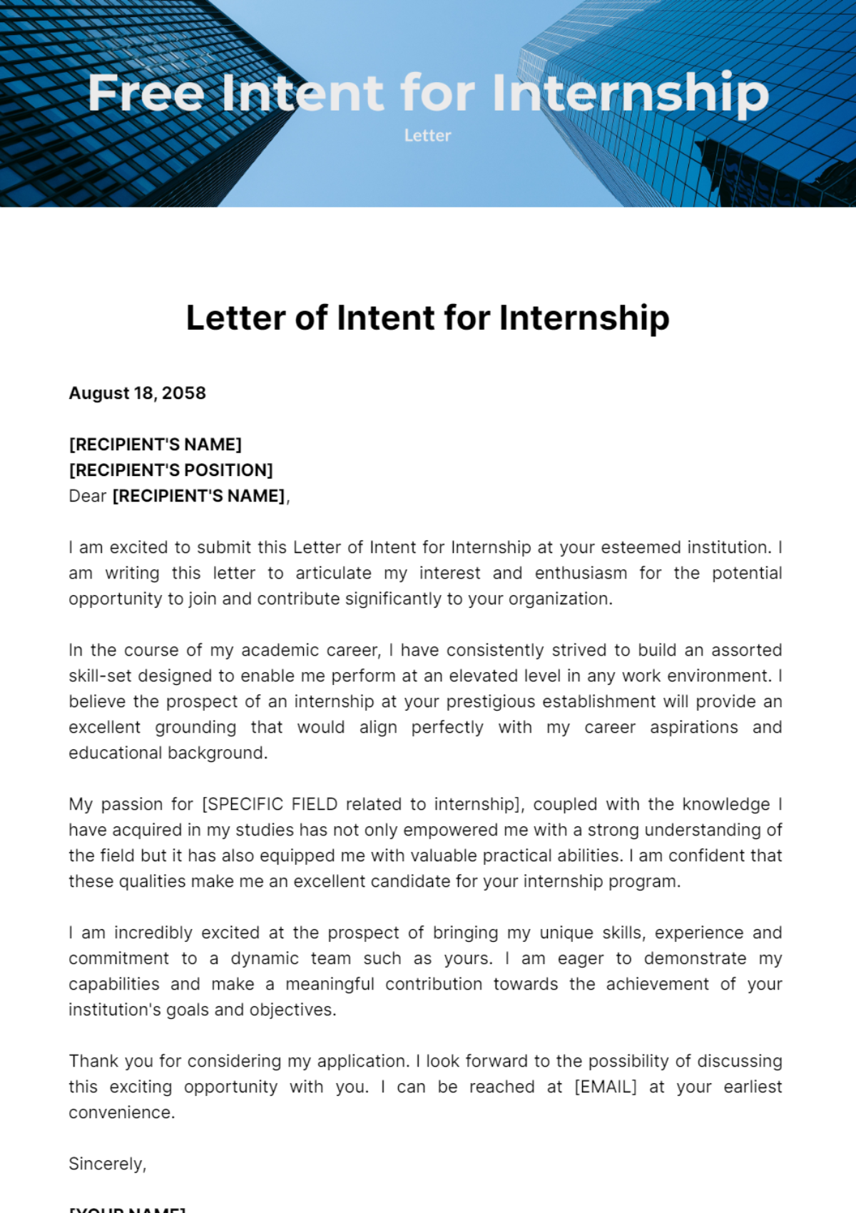 Free Letter of Intent for Internship Template