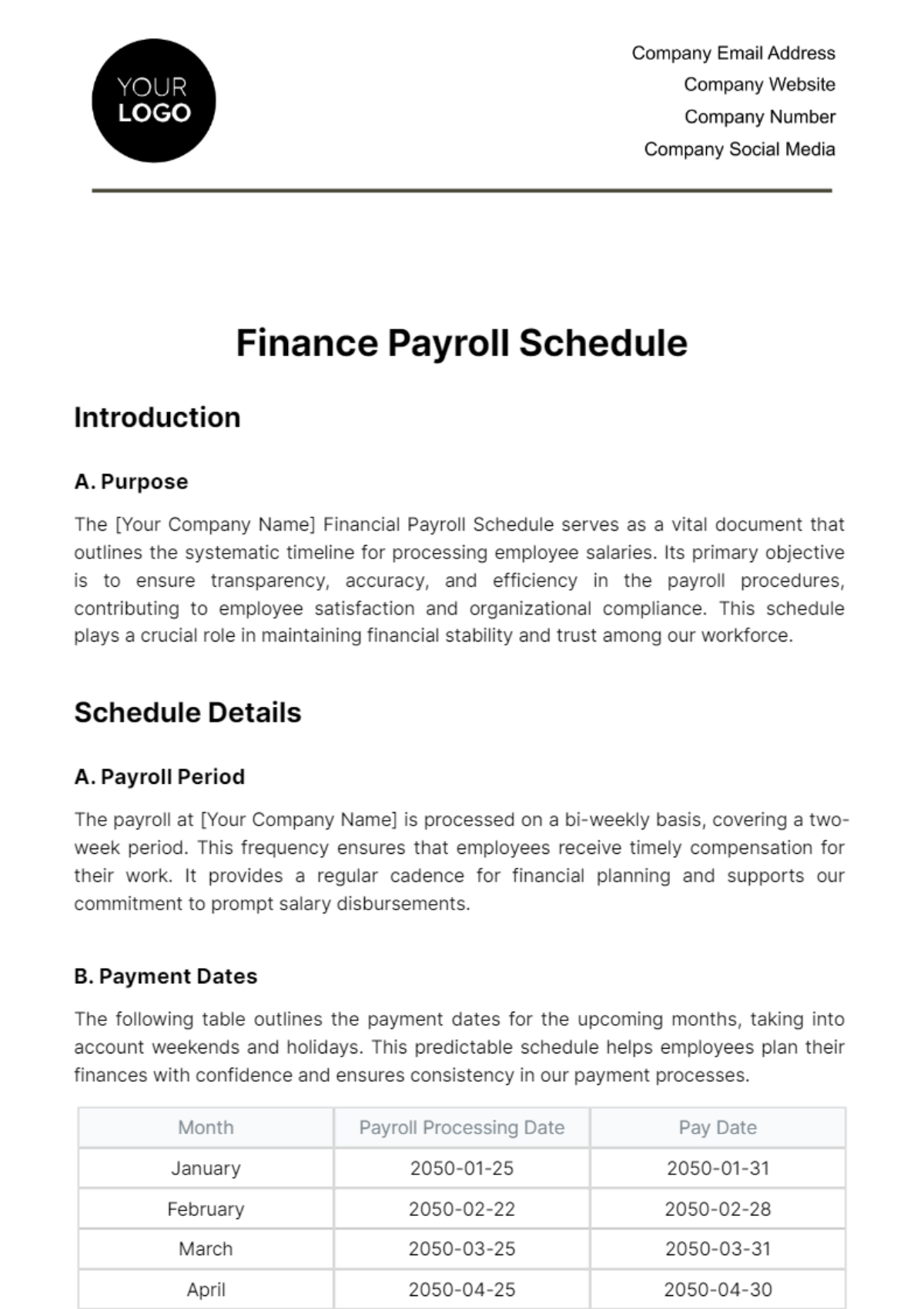 Finance Payroll Schedule Template