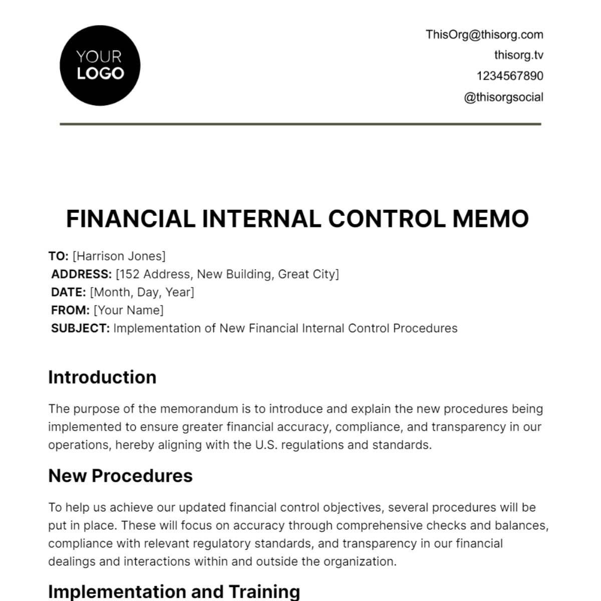 Financial Internal Control Memo Template