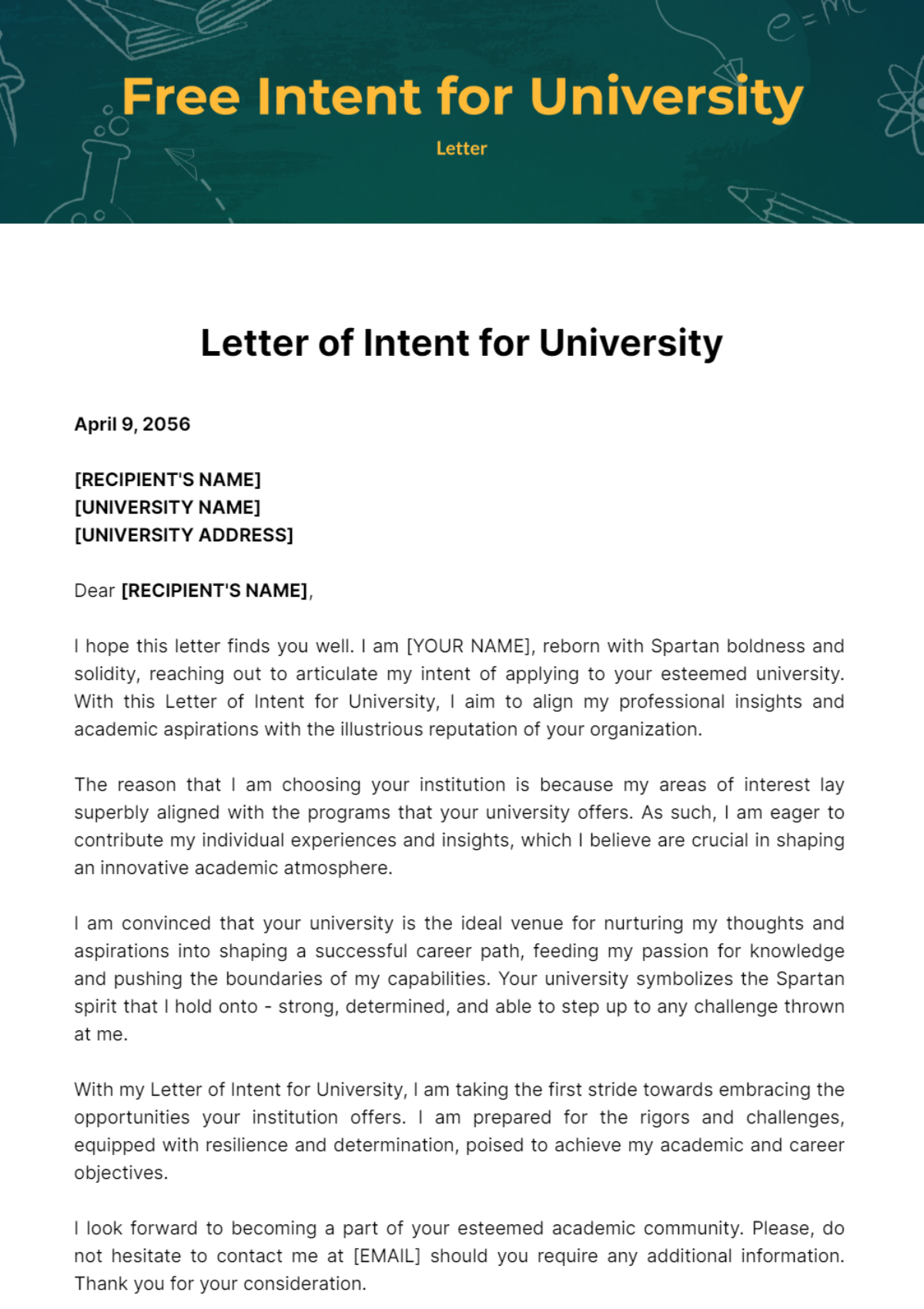 Free Letter of Intent for University Template
