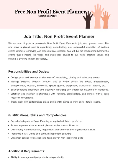 Free Non Profit Event Planner Job Description Template to Edit Online