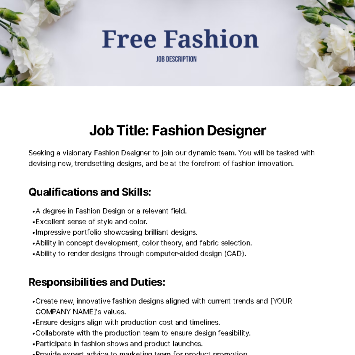 Free Fashion Job Description Template