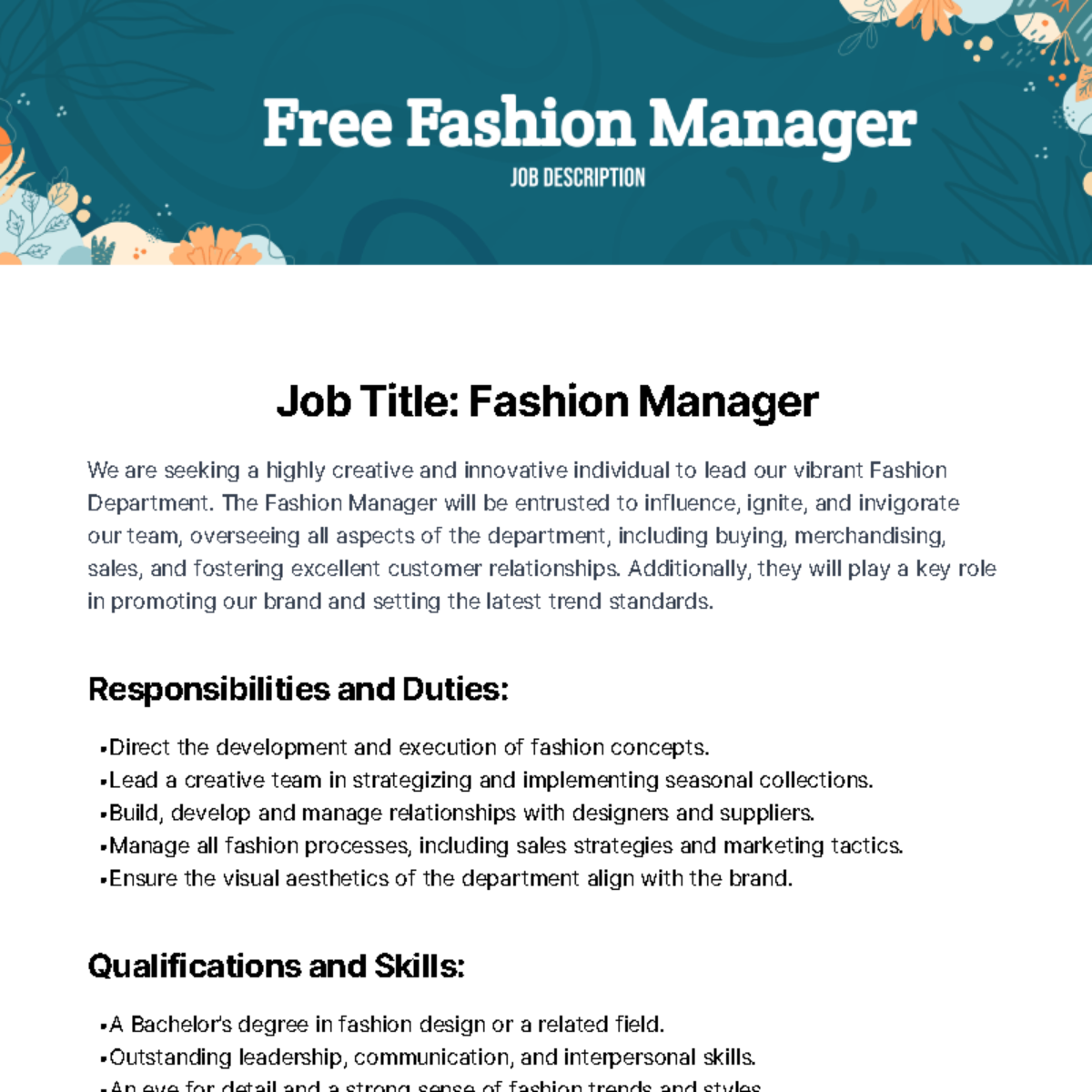 Fashion Manager Job Description Template