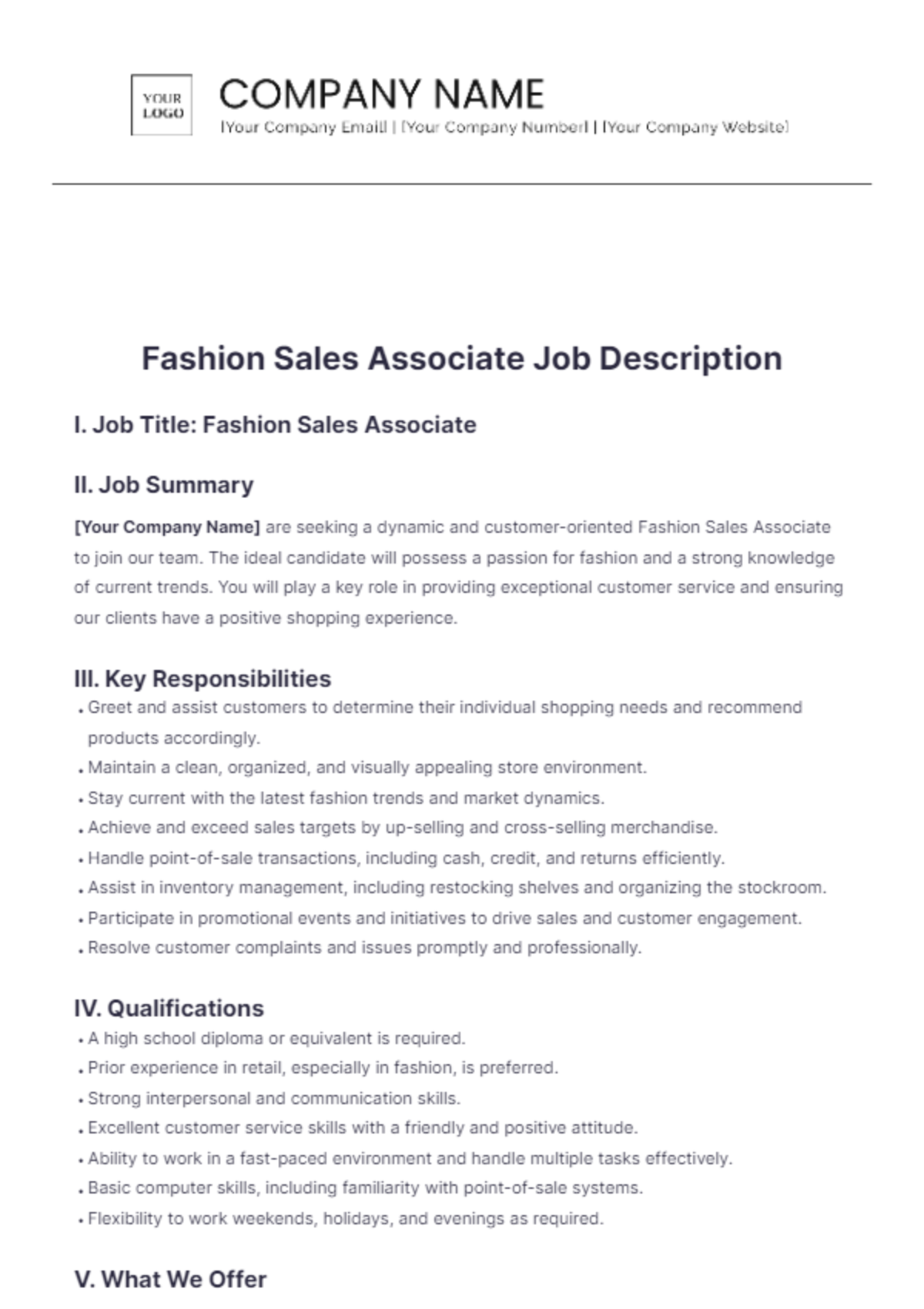 Fashion Sales Associate Job Description Template - Edit Online & Download