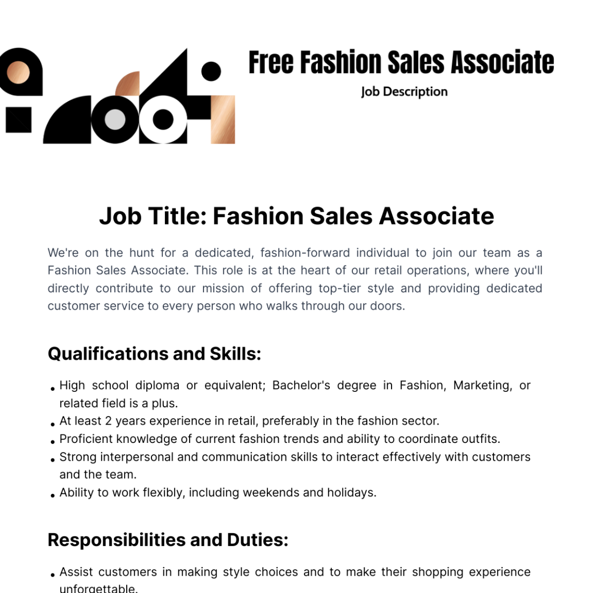 Free Fashion Sales Associate Job Description Template
