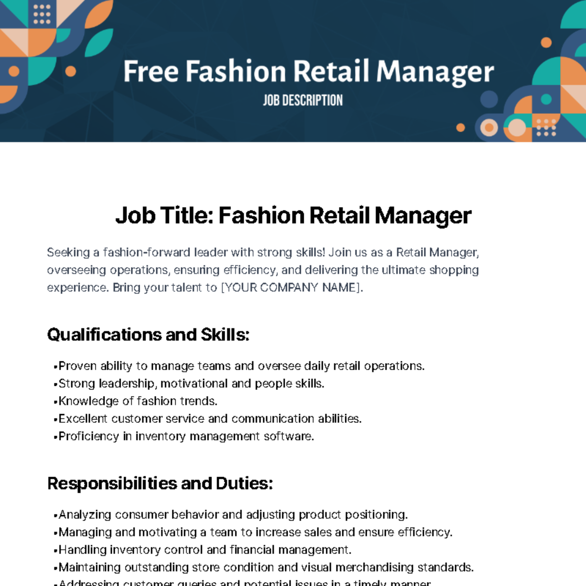 Fashion Retail Manager Job Description Template