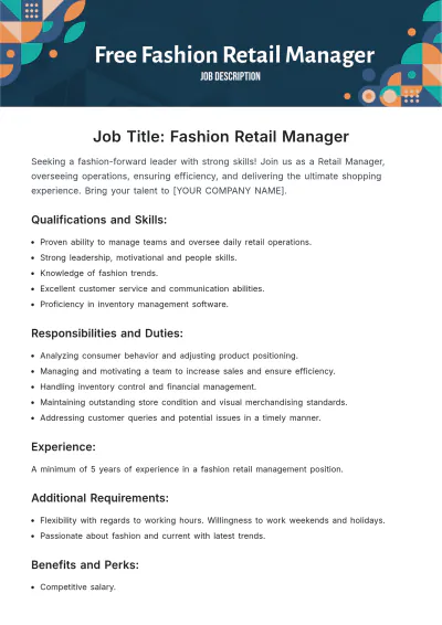 Free Fashion Retail Manager Job Description Template to Edit Online