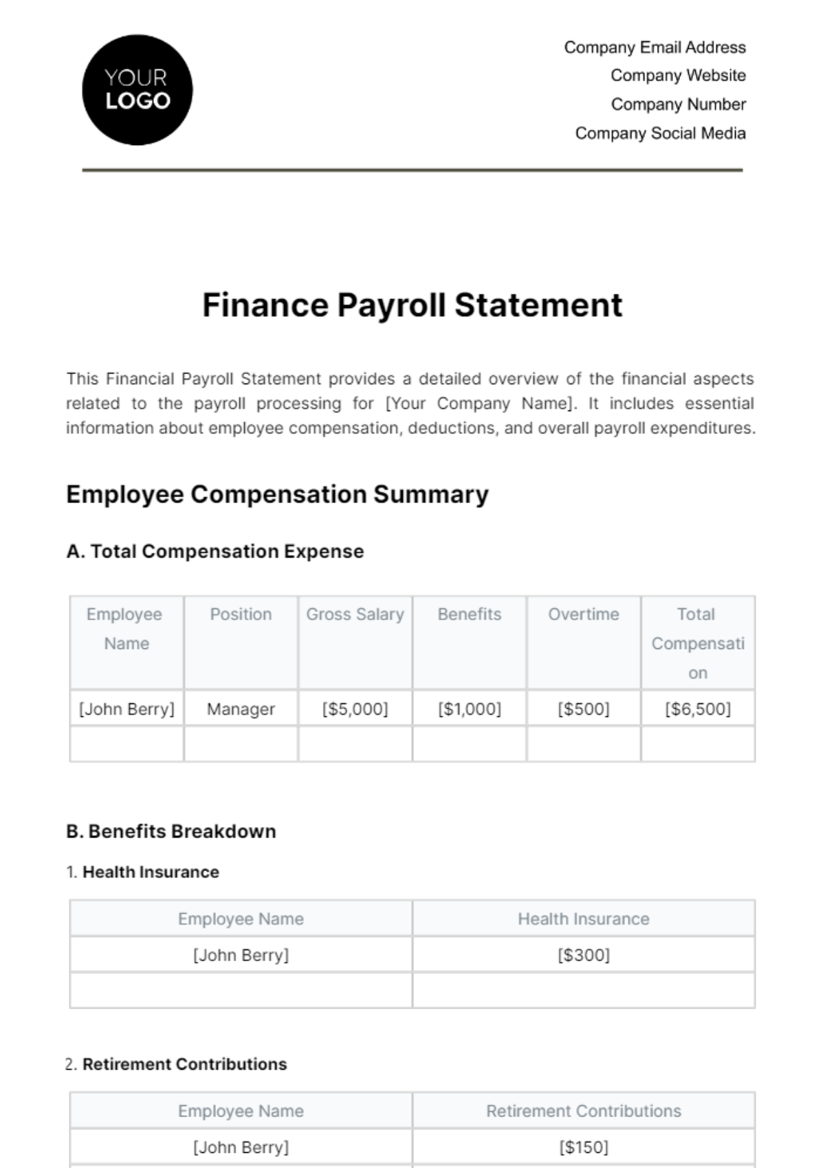 Finance Payroll Statement Template