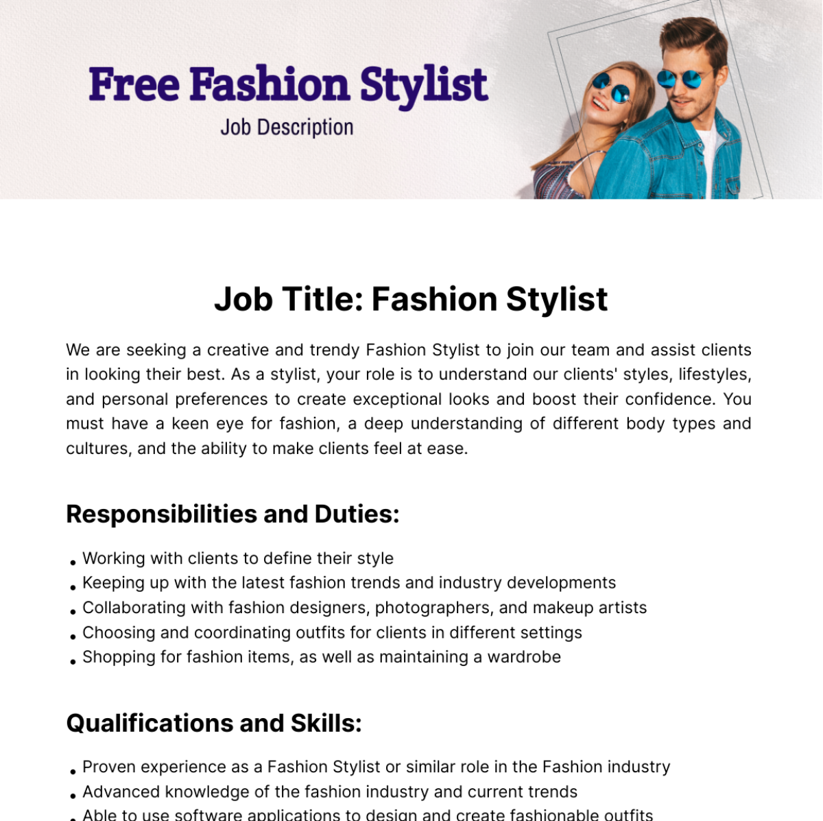 Free Fashion Stylist Job Description Template