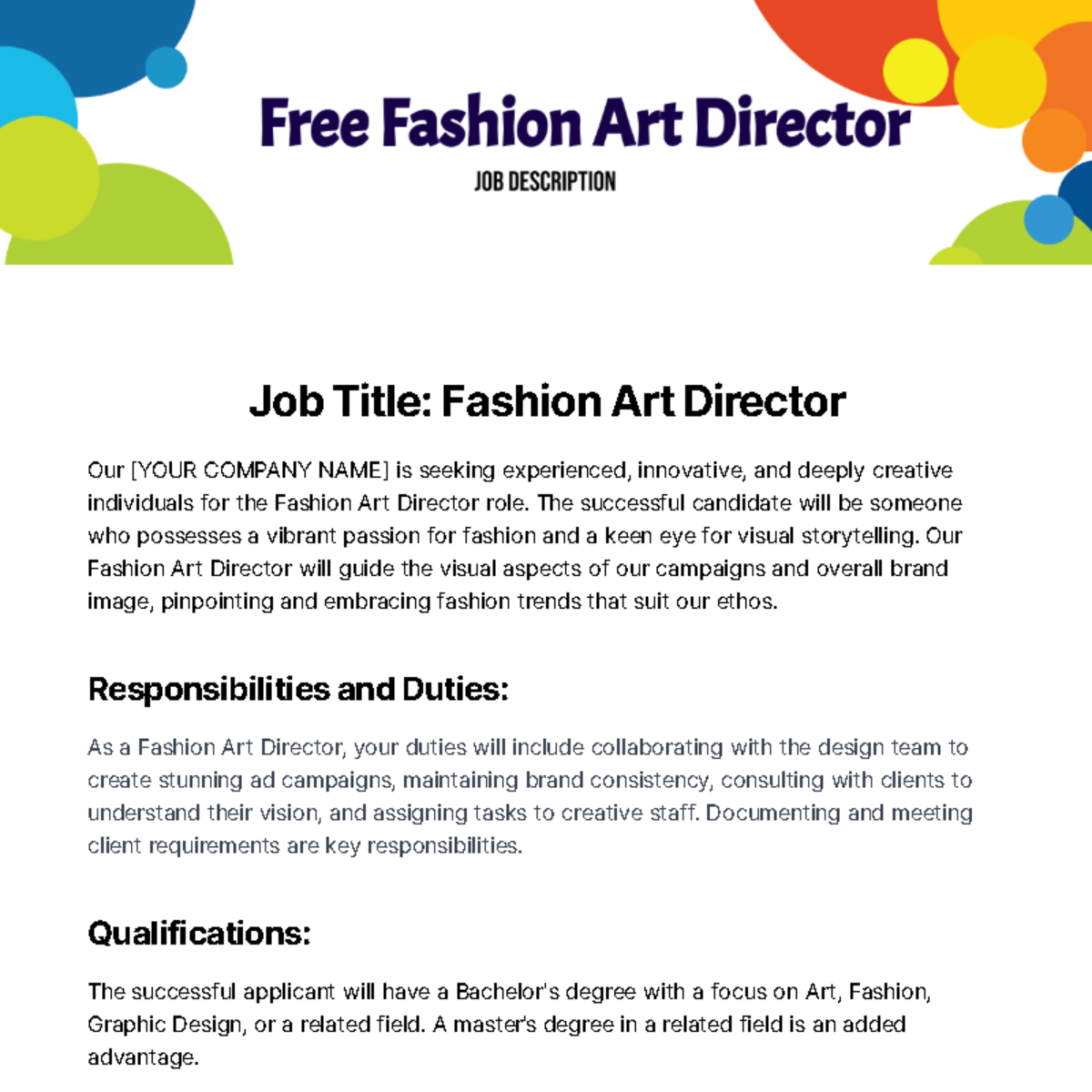 Free Fashion Art Director Job Description Template
