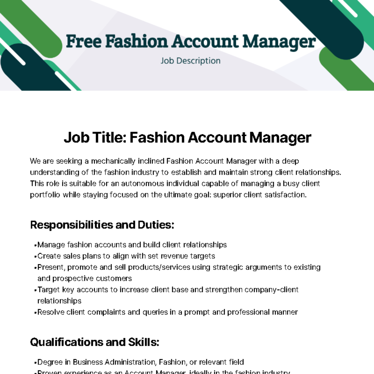 Fashion Account Manager Job Description Template