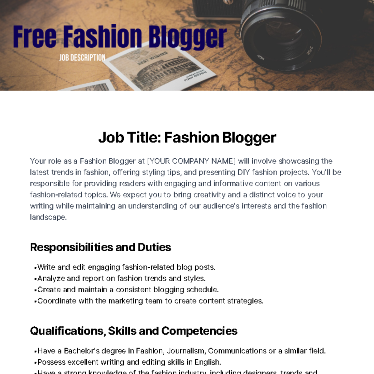 Fashion Blogger Job Description Template