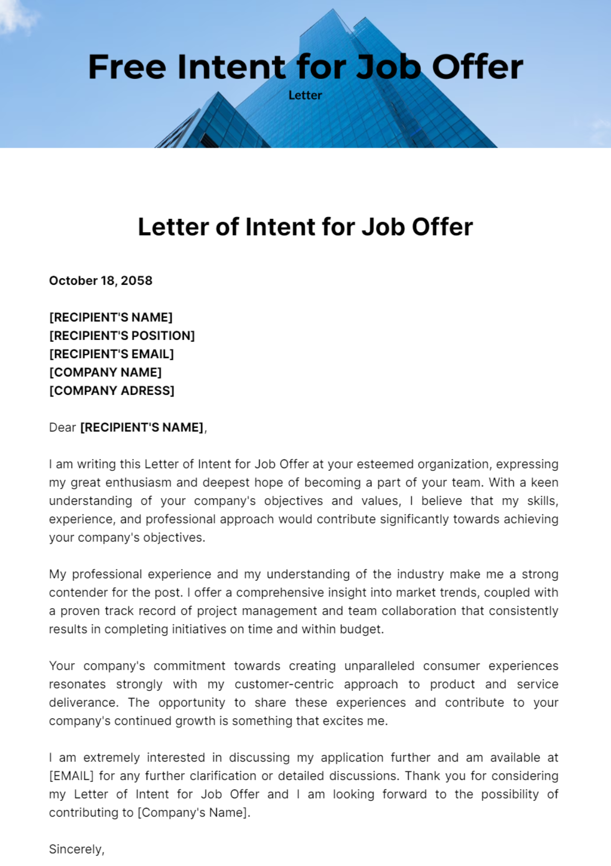 Free Letter of Intent for Job Offer Template
