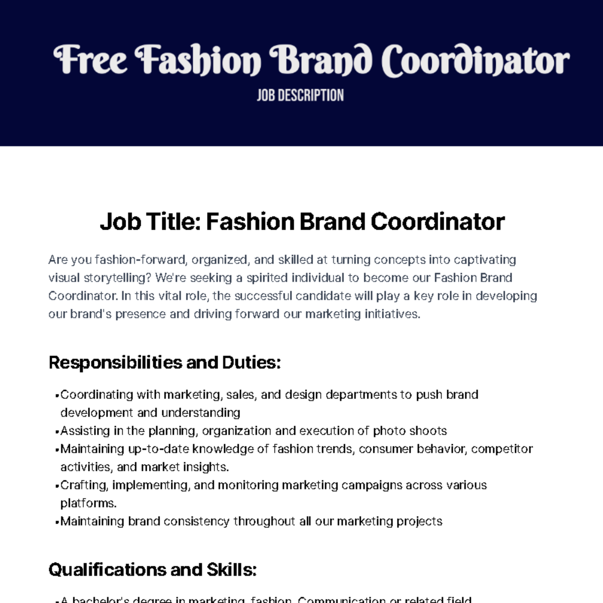 Free Fashion Brand Coordinator Job Description Template