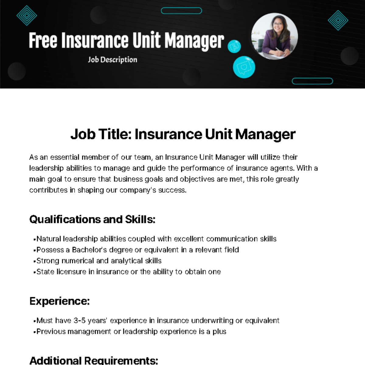 Insurance Unit Manager Job Description Template