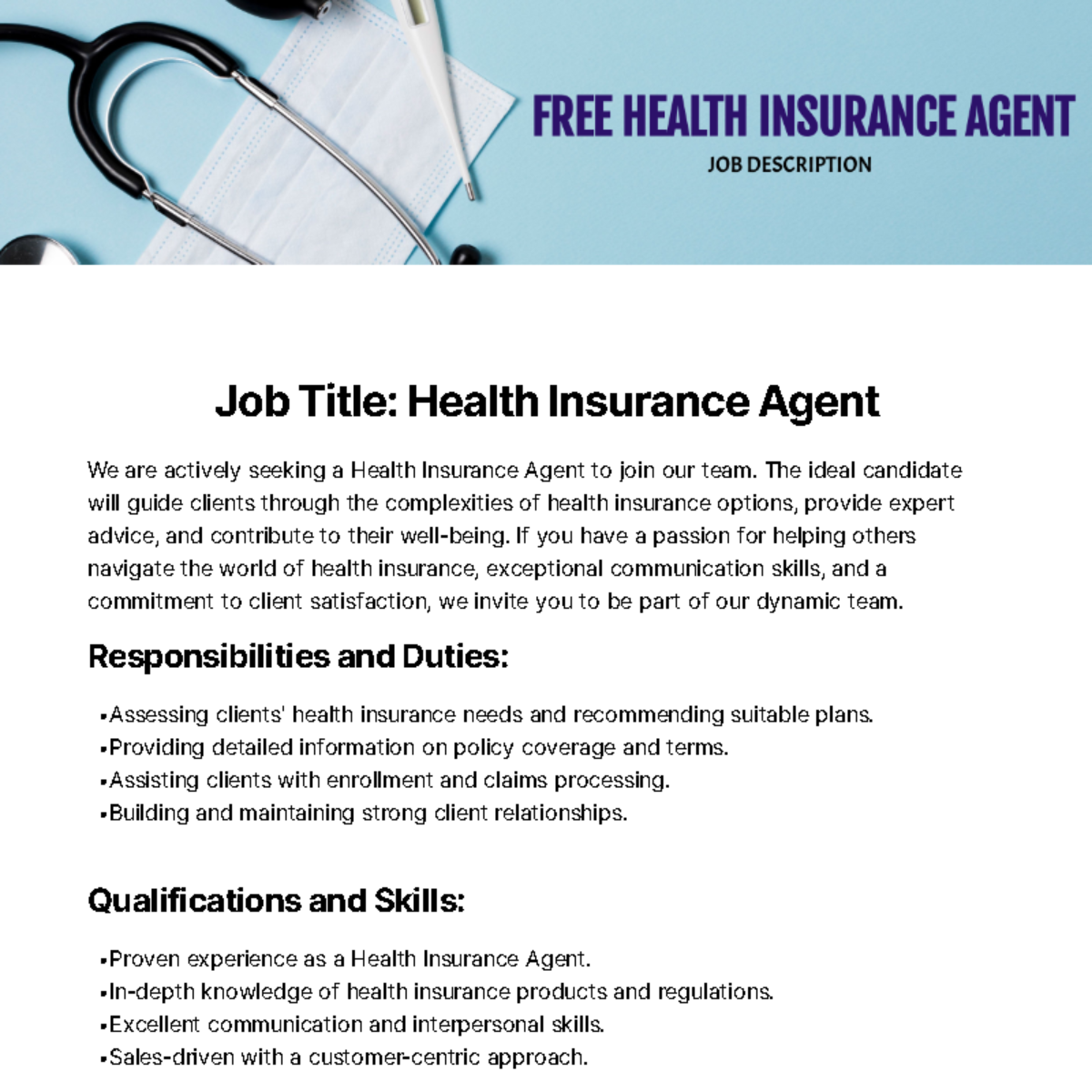 Free Health Insurance Agent Job Description Template
