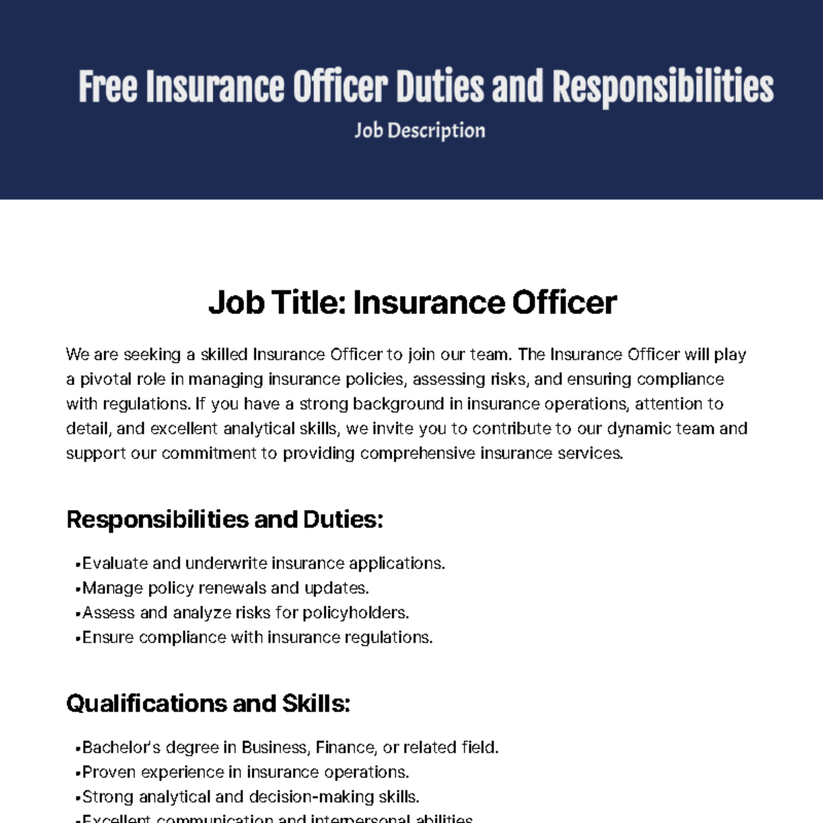 Free Insurance Officer Duties and Responsibilities  Template
