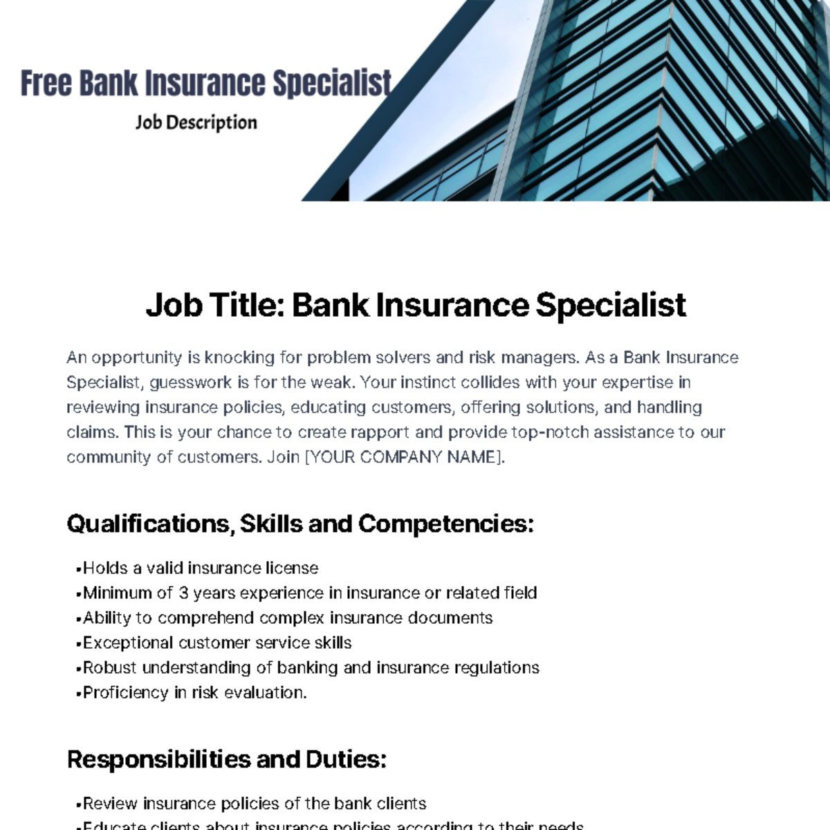 Free Bank Insurance Specialist Job Description Template