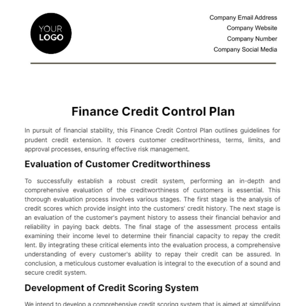Finance Credit Control Plan Template