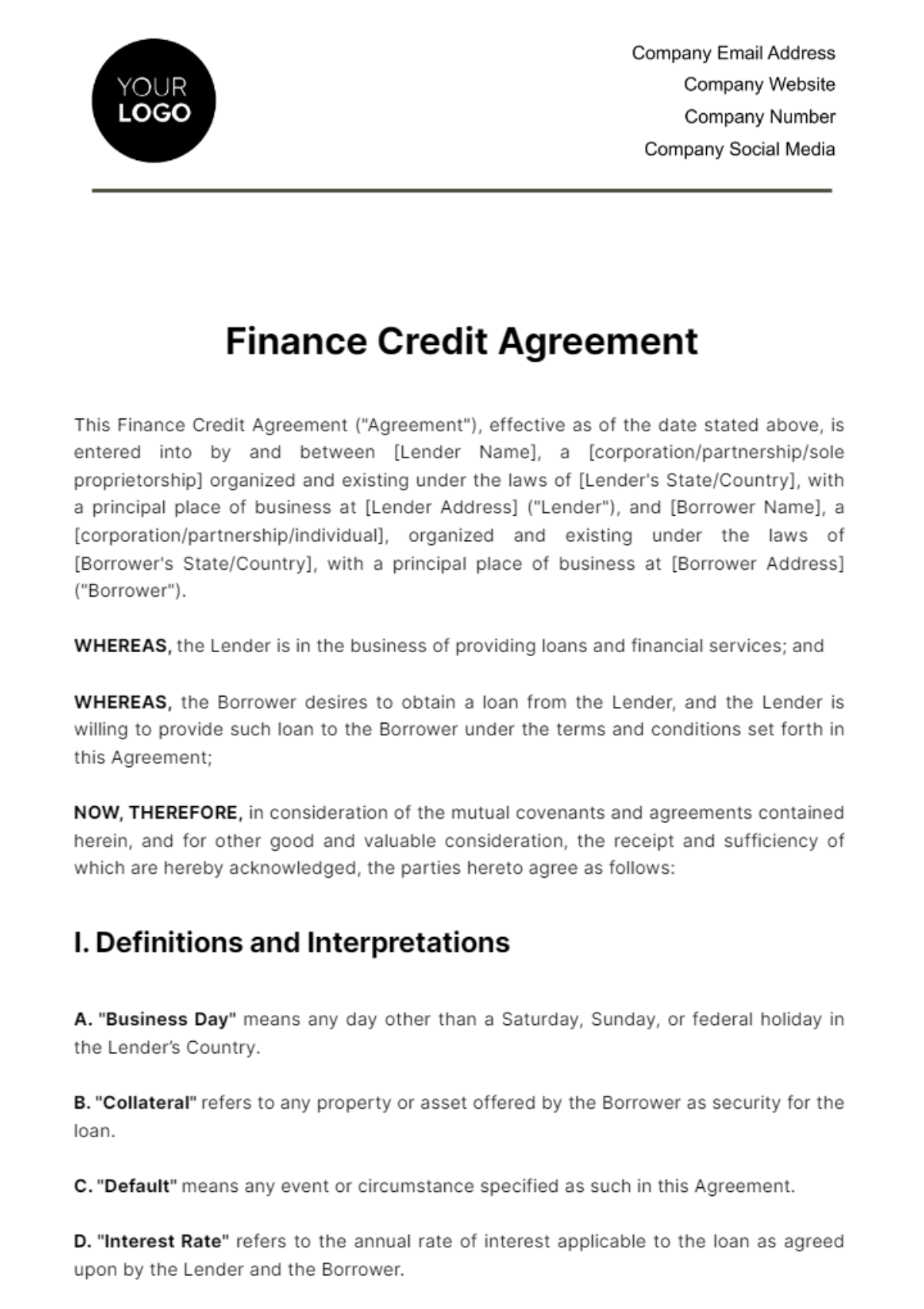 Free Finance Credit Agreement Template